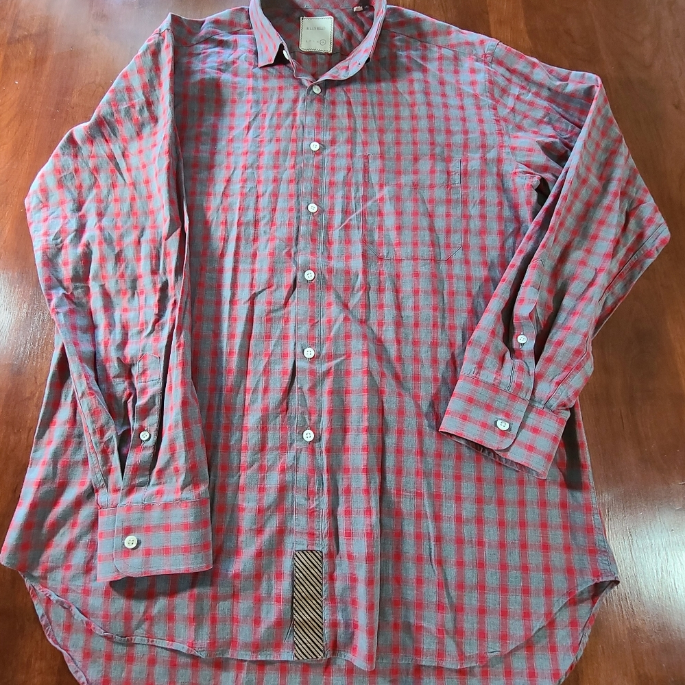Billy Reid red gray plaid check button up long sleeve shirt country cottage